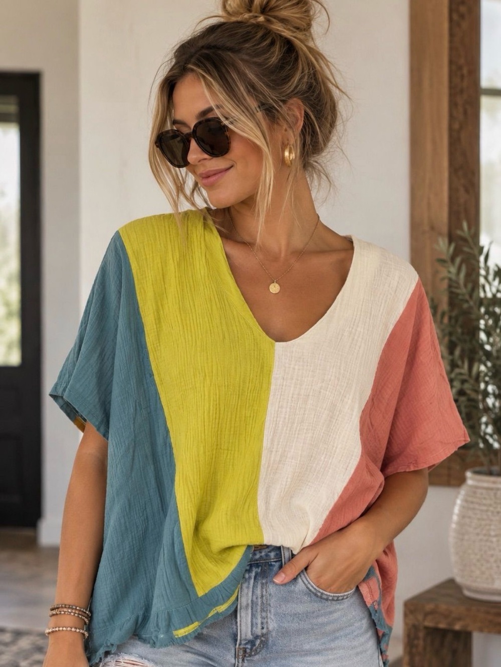 Umgee Colorblock Gauze V-Neck Tunic - Lime, Teal, White, Dusty Rose